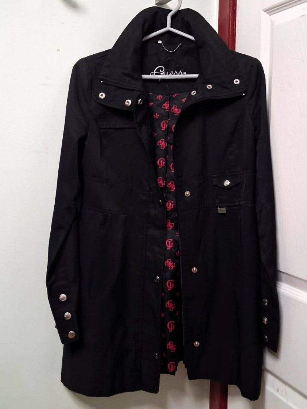 GUESS Black Trench Coat Jacket Pink Monogram Logo Engraved Hardware Women's Med.